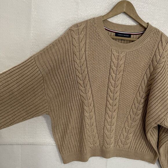 Tommy Hilfiger Sweater Women’s L Tan Cable Knit Drop Shoulder Dolman Sleeve Boxy - Picture 3 of 8